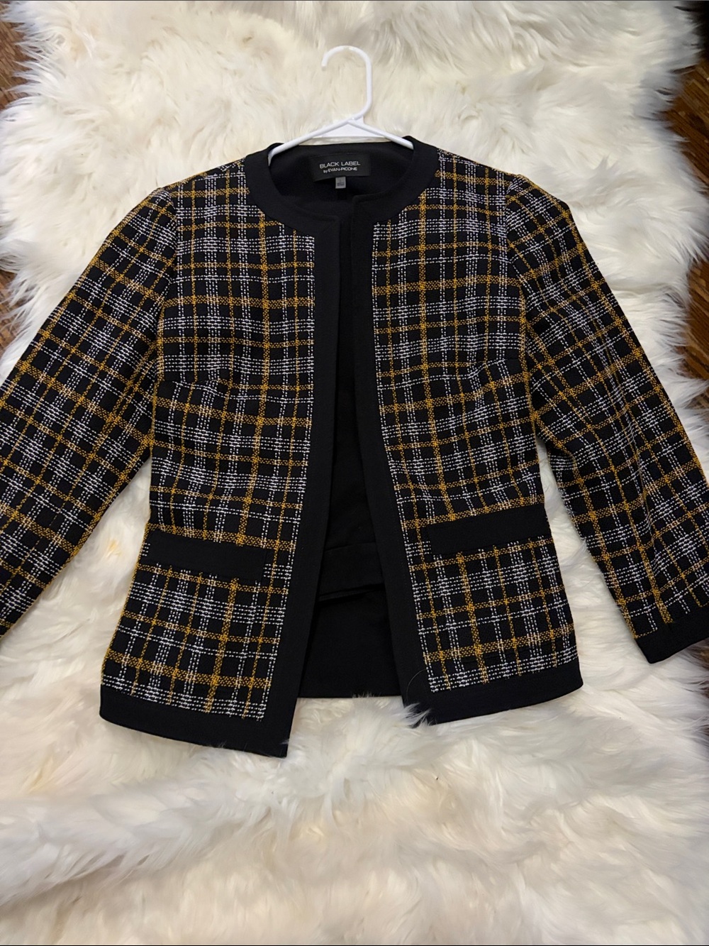 Never worn Black Label Plaid Tweed Blazer in Black, Mustard & White 10-14